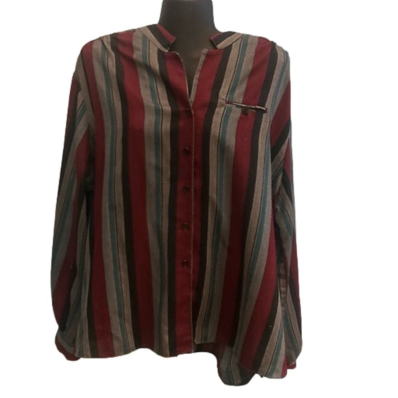 2X Laura Mae burgundy red gray blue black long sleeve button up shirt - Picture 1 of 12
